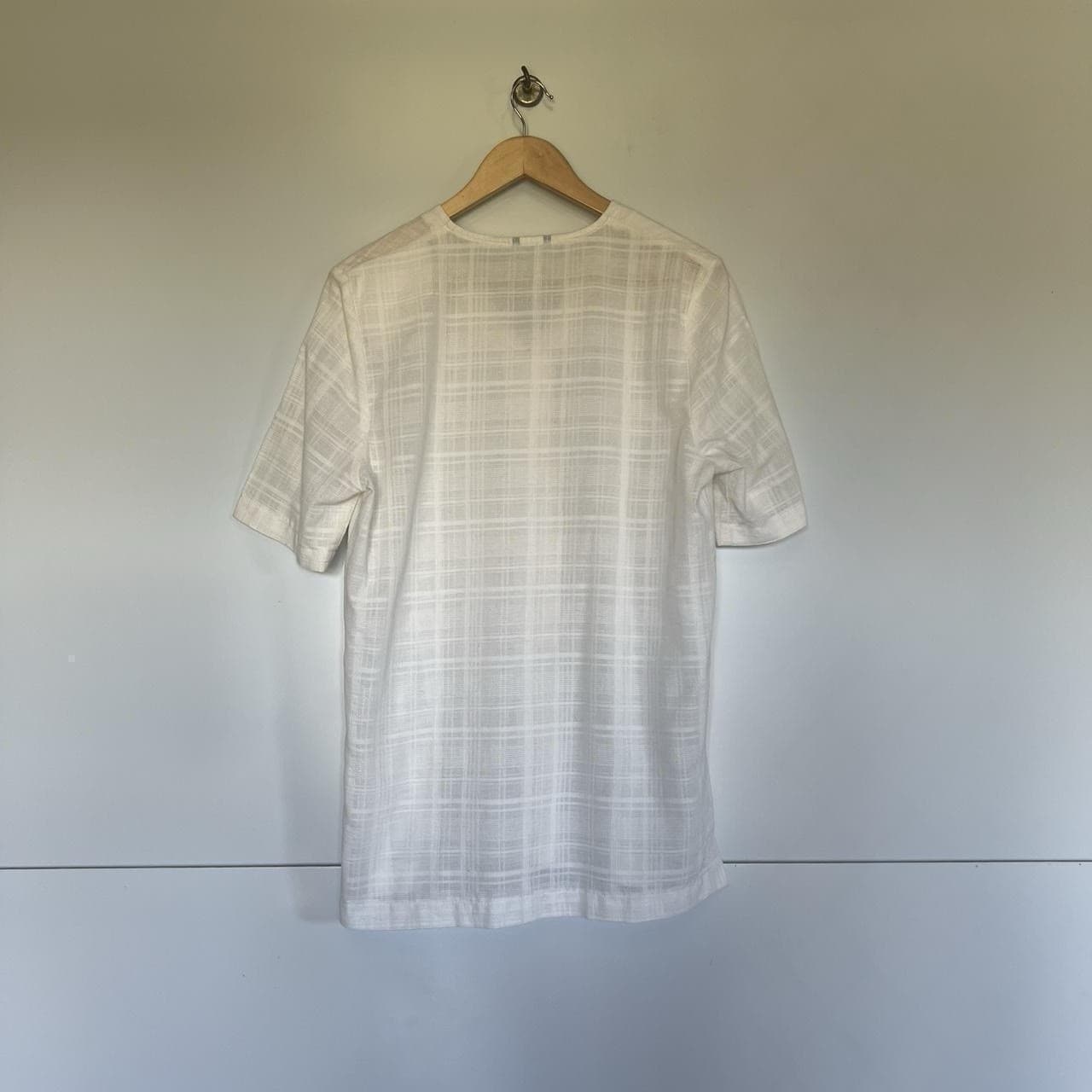 Vintage 90s Cream Gauze Tunic Shirt S M Plaid Oversized Beach Cover Up Coastal — photo 5 of 6