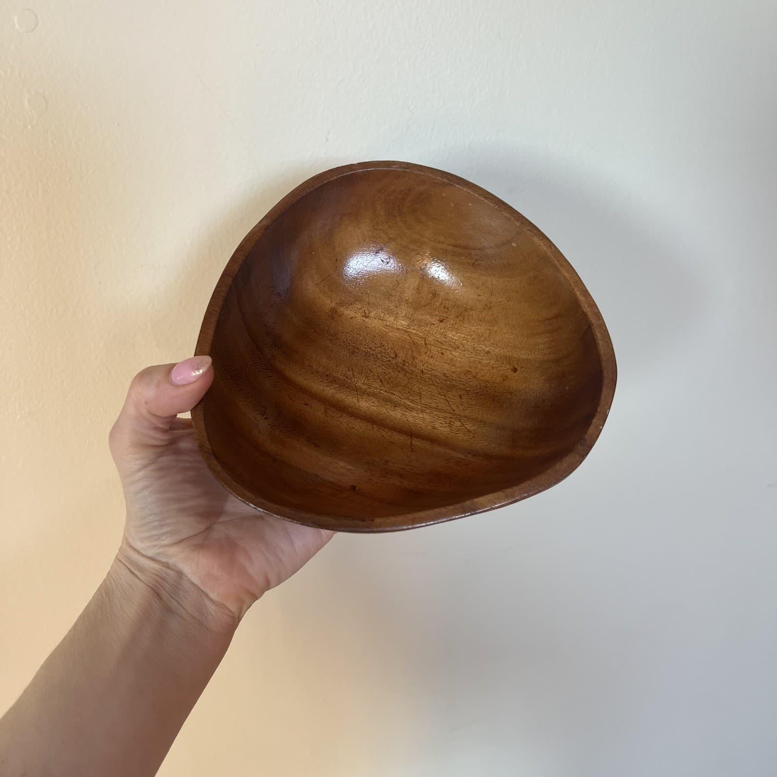 Vintage Monkey Pod Wooden Bowl Triangular Mid Century Montessori Sorting Dish — photo 2 of 7