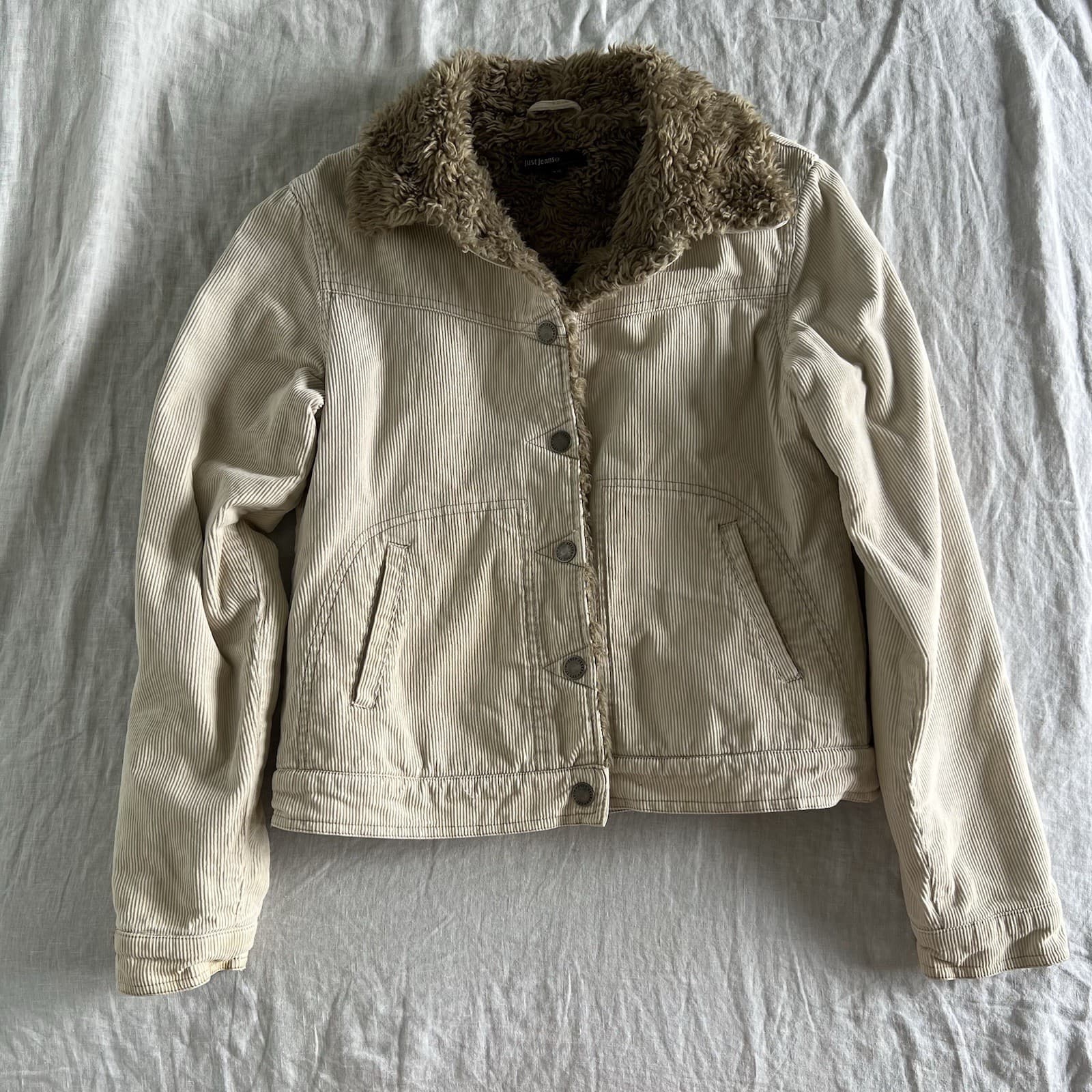 Vintage Cream Corduroy Sherpa Barn Jacket Prairie Heirloom Cord Chore Coat 10