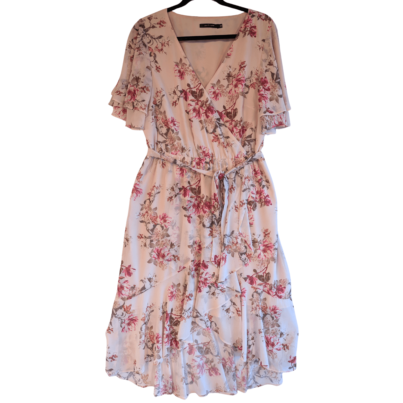 Portmans Dress Pink Floral Wrap Ruffle Cocktail Plus Size Aus 16 US 12 — photo 2 of 10
