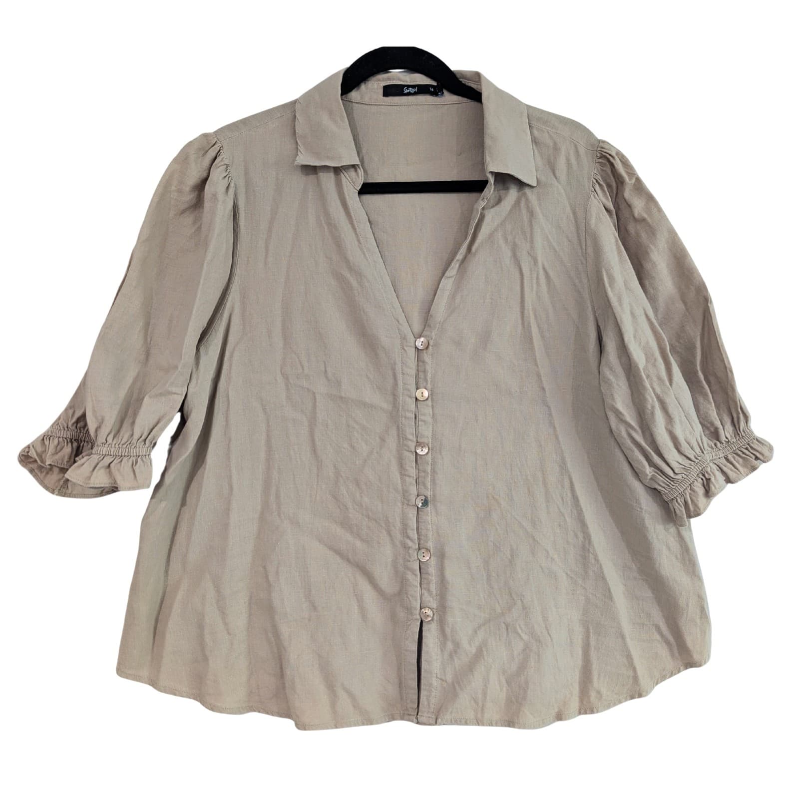 Sportsgirl Top Beige Linen Blend Puff Blouse Natural Boho Plus Size Aus 16 — photo 2 of 9