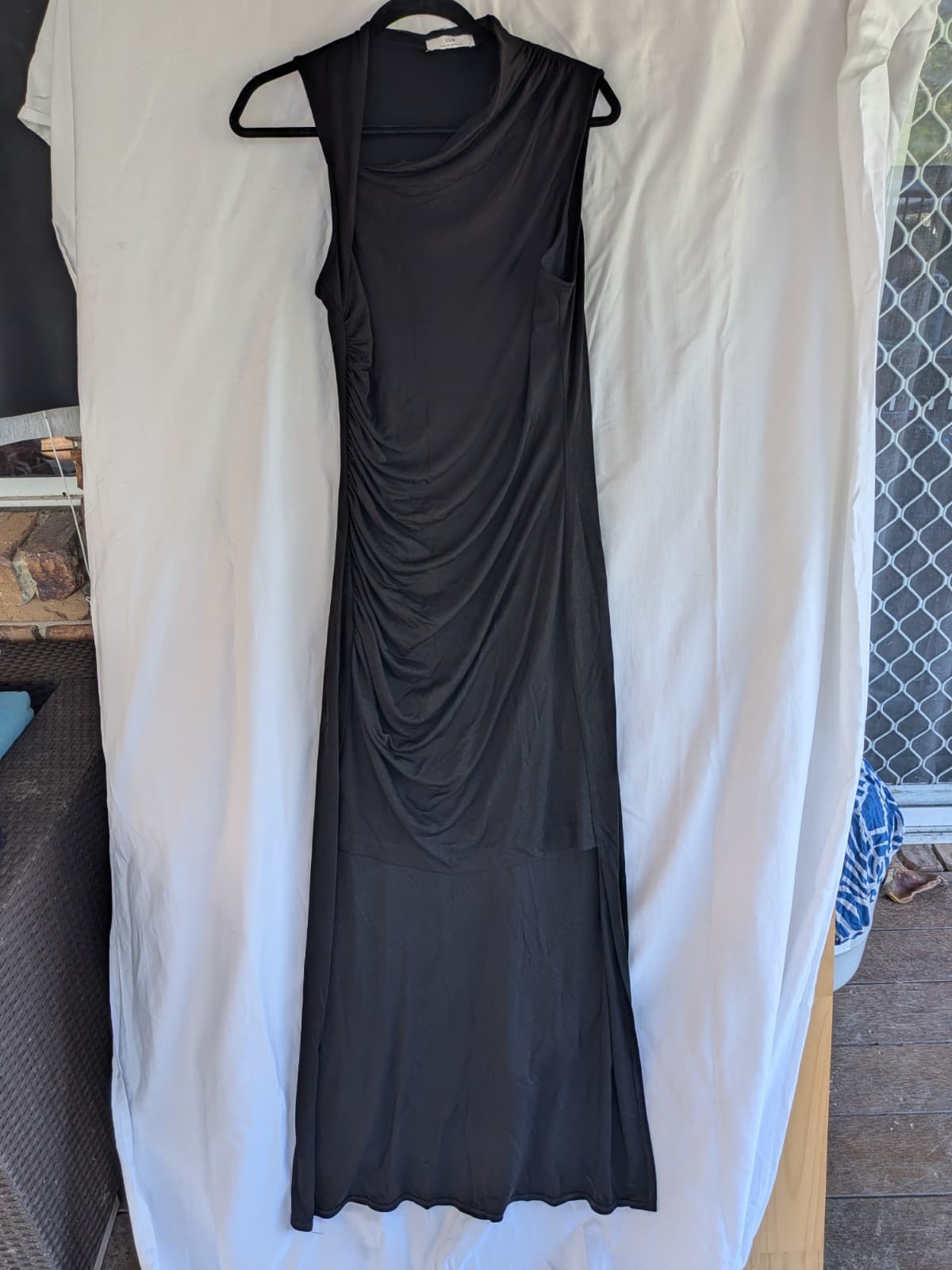 Cue Black Draped Maxi Dress Cowl Neck Ruched High Low Cocktail Formal Size 12 — photo 3 of 11