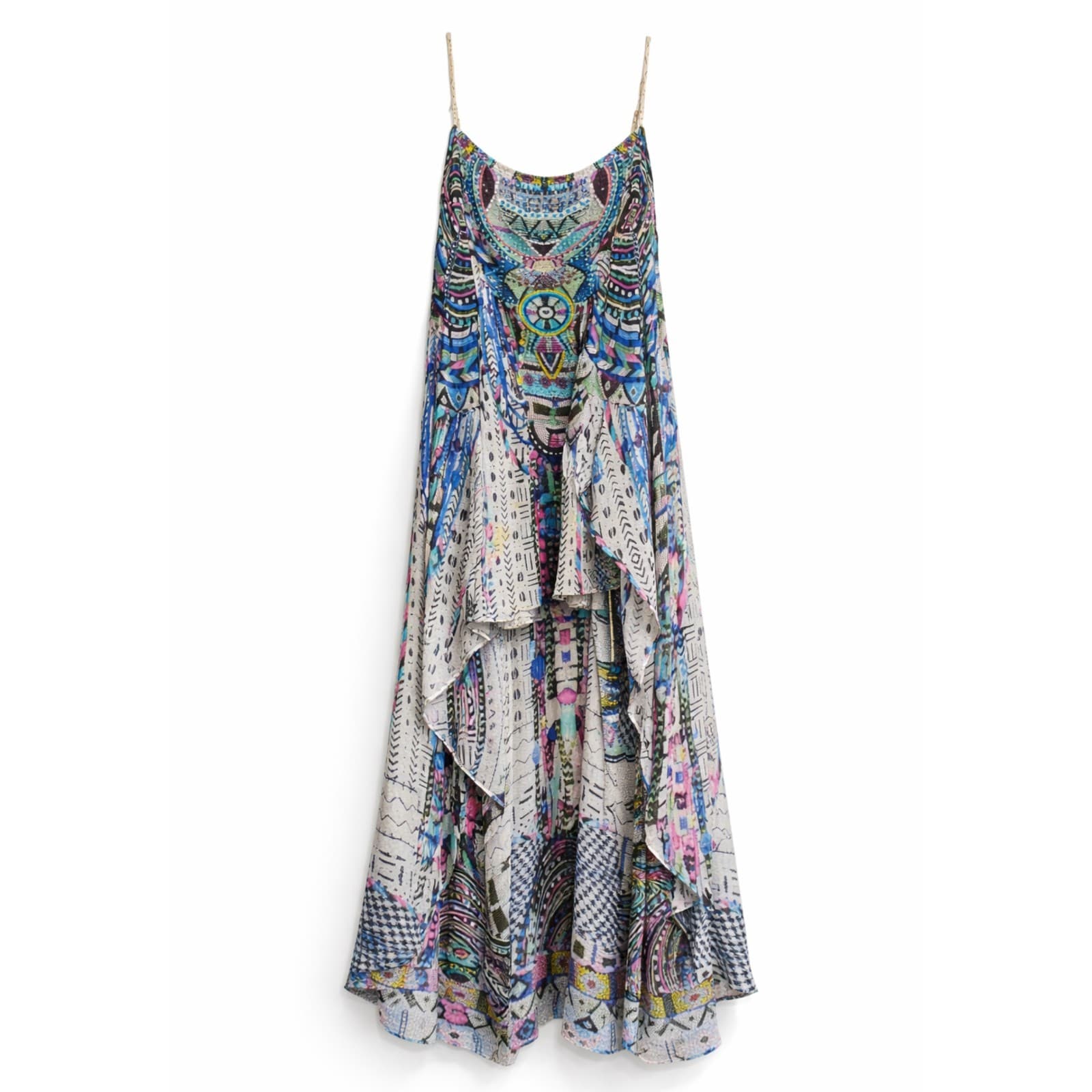 Camilla Silk Mini Dress Maasai Moss Long Overlay Blue Crystals High Low Size M — photo 2 of 24