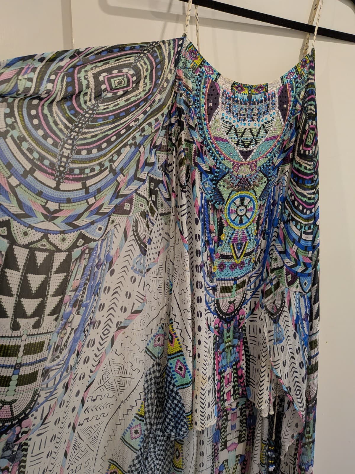 Camilla Silk Mini Dress Maasai Moss Long Overlay Blue Crystals High Low Size M — photo 11 of 24