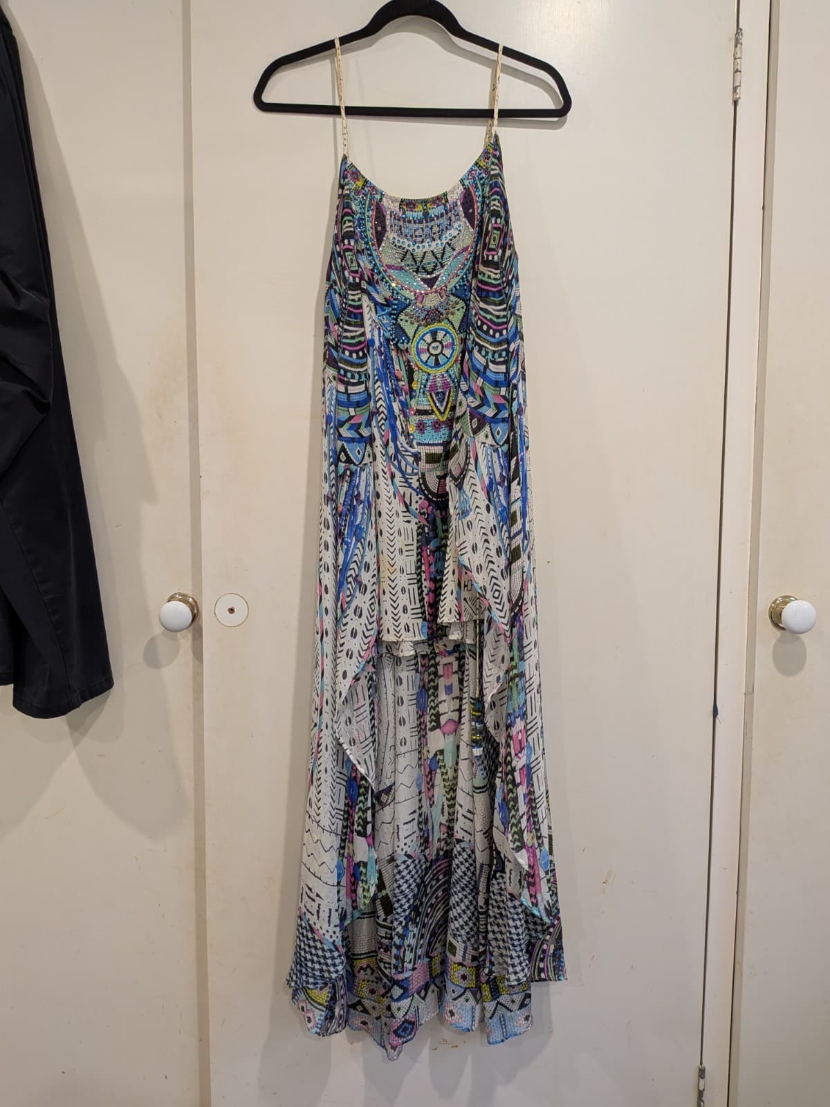 Camilla Silk Mini Dress Maasai Moss Long Overlay Blue Crystals High Low Size M — photo 3 of 24