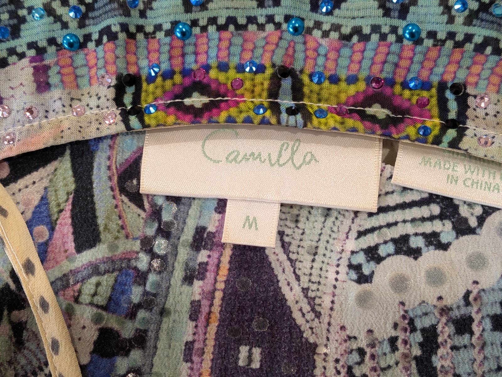 Camilla Silk Mini Dress Maasai Moss Long Overlay Blue Crystals High Low Size M — photo 21 of 24