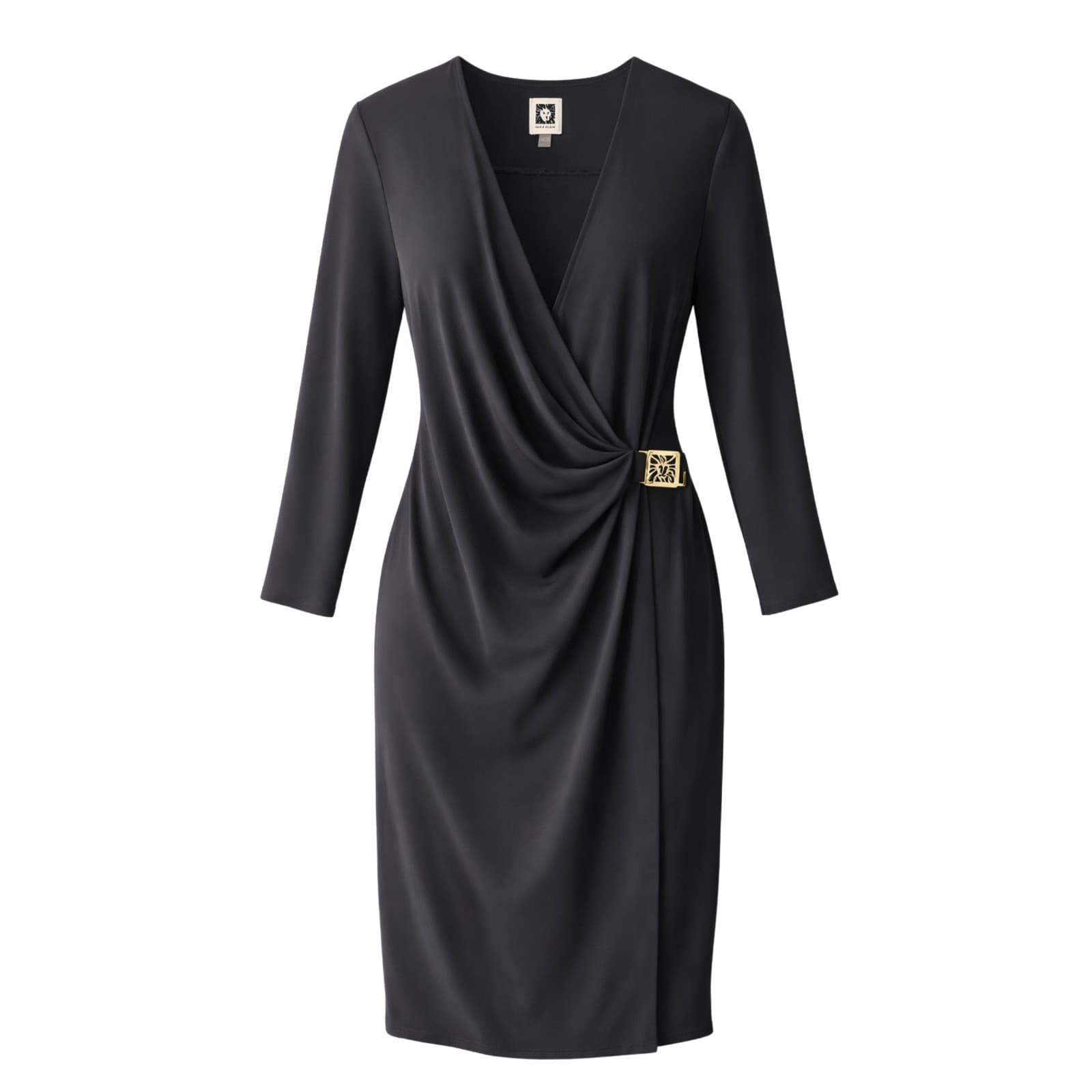 Anne Klein Womens Wrap Dress Black Long Sleeve Knee Length Gold Buckle Size 12 — photo 1 of 11
