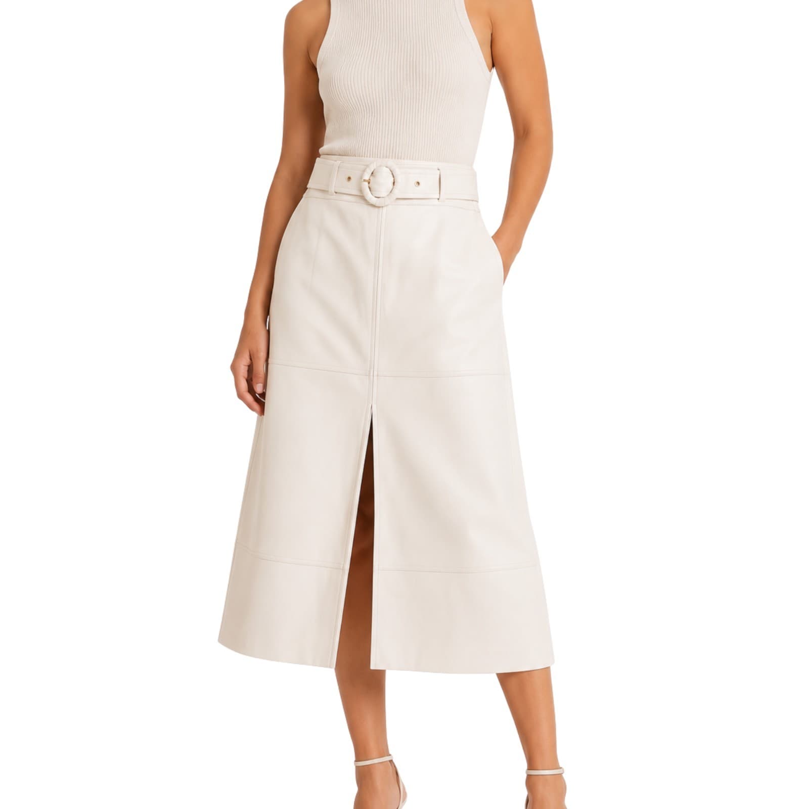 Portmans Cream Faux Leather Midi Skirt Belted A Line High Waist Size 10 BNWT — photo 1 of 11