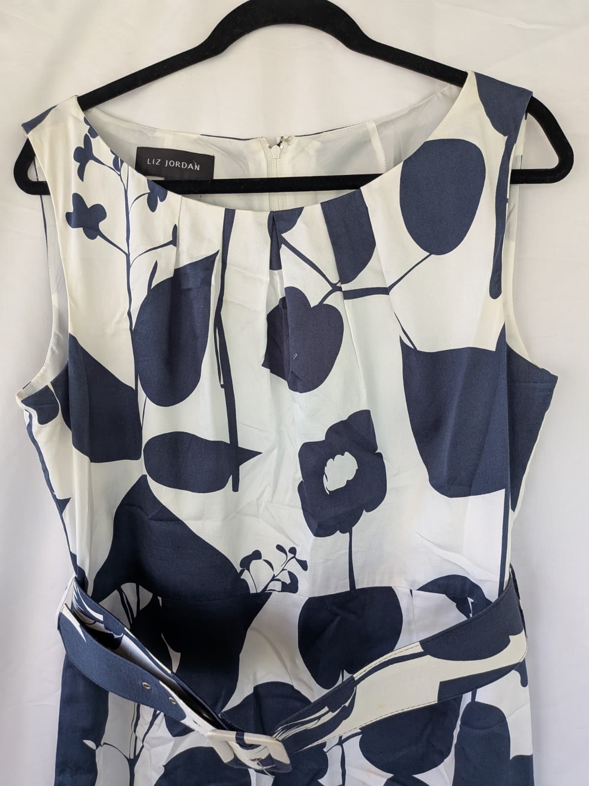 Liz Jordan Dress Size 14 Blue White Floral A Line Belted Sleeveless Work — photo 8 of 13