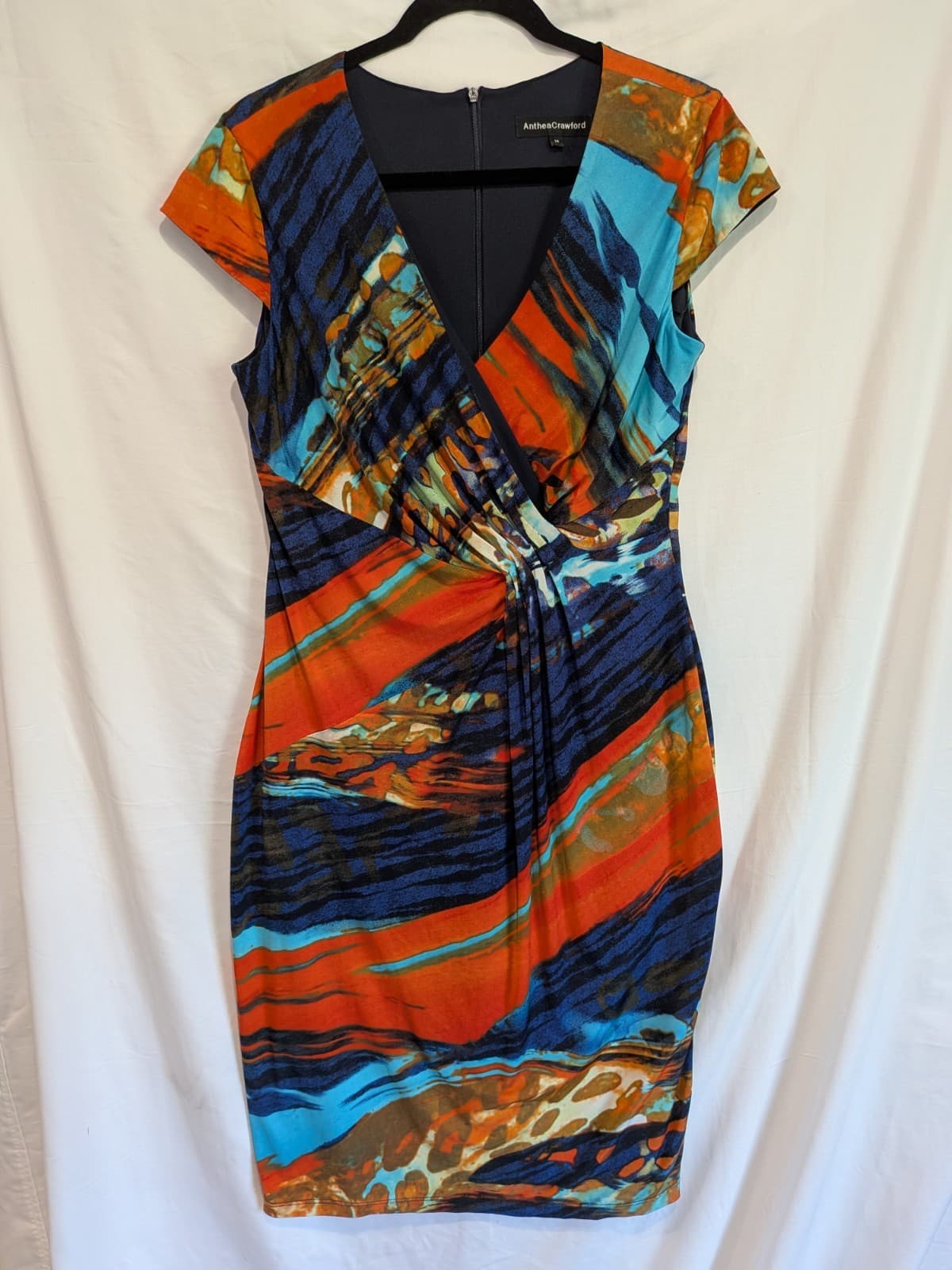 Anthea Crawford Dress Abstract Print Ruched Cocktail Work Orange Blue Size 14 — photo 3 of 10