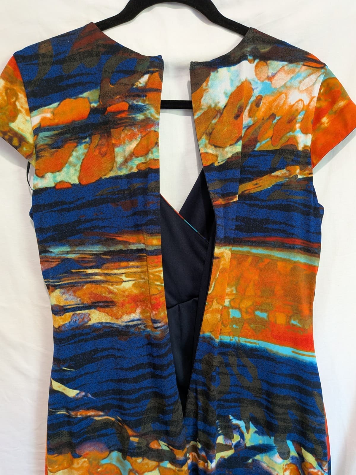 Anthea Crawford Dress Abstract Print Ruched Cocktail Work Orange Blue Size 14 — photo 10 of 10