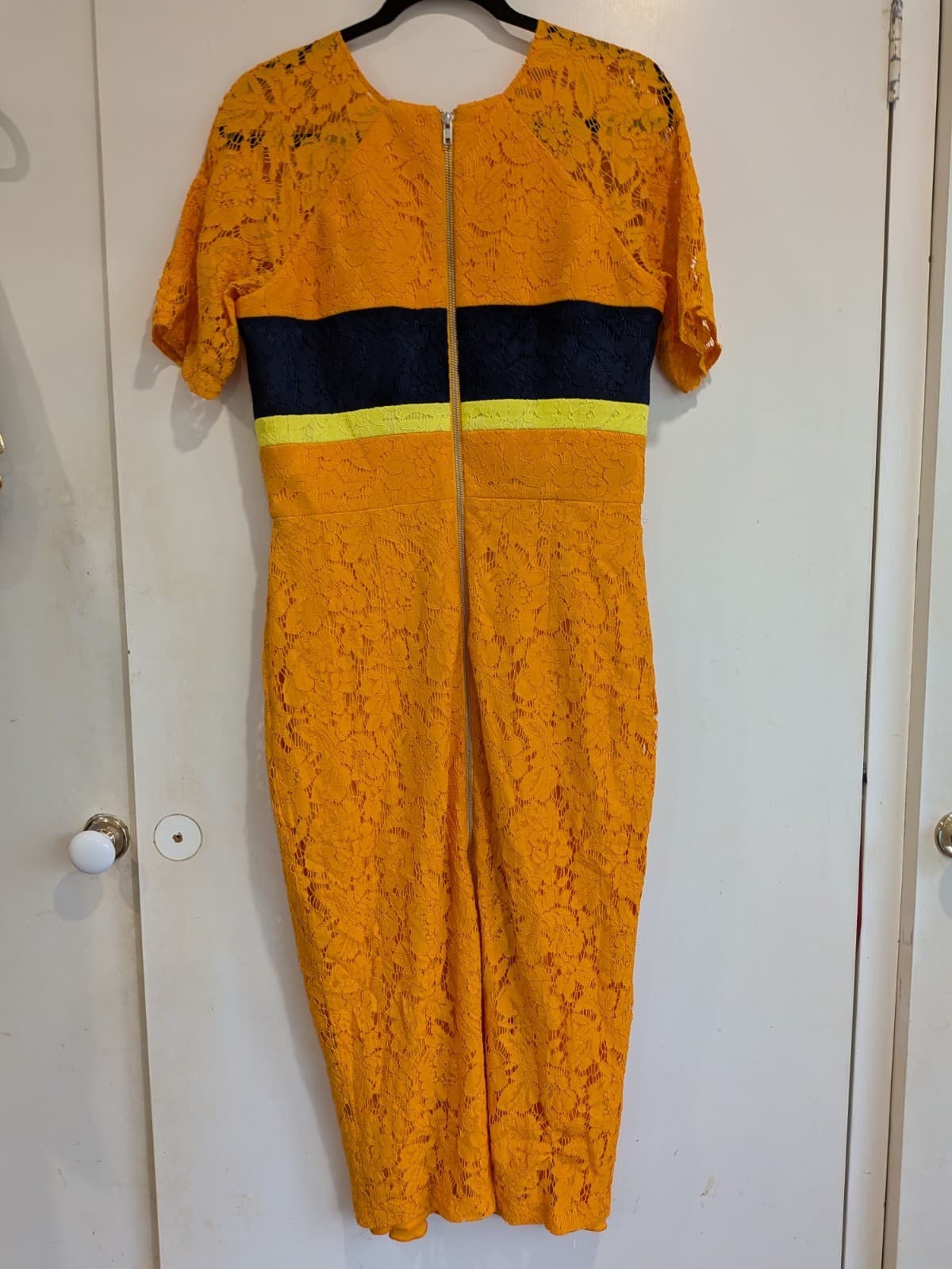 Alex Perry Dress AU 14 Mustard Lace Colour Block Midi Pencil Cocktail Occasion — photo 8 of 10