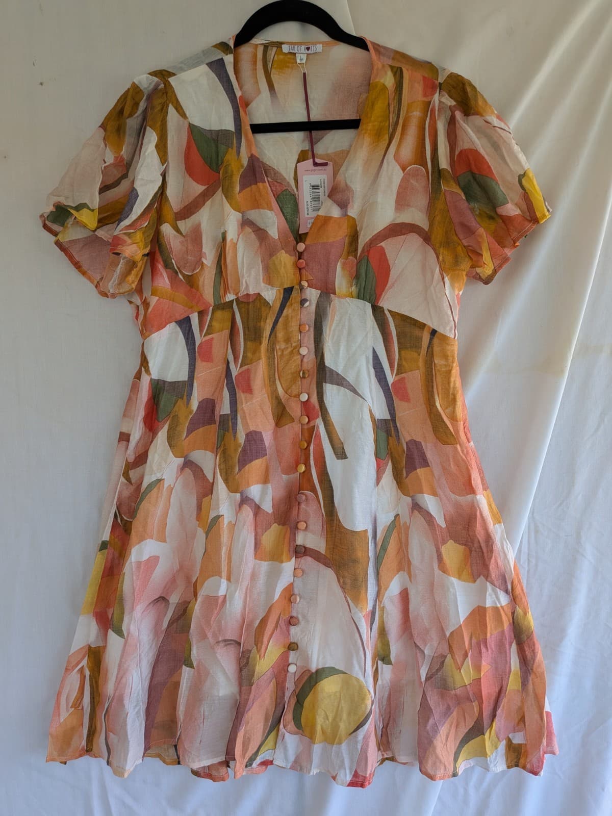 Jar Of Hearts Dress Abstract Print Button Front Boho Orange Viscose Size L — photo 2 of 10