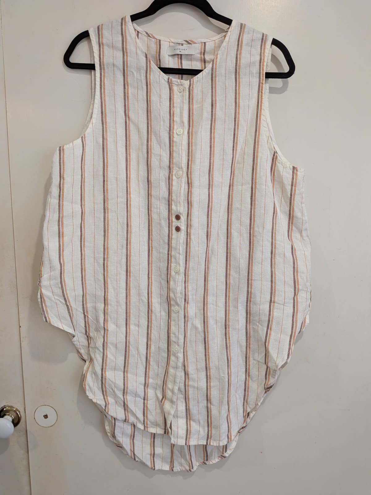 Nude Lucy Linen Top Beige Stripe Sleeveless Button Front Summer Resort XL 14 16 — photo 2 of 7