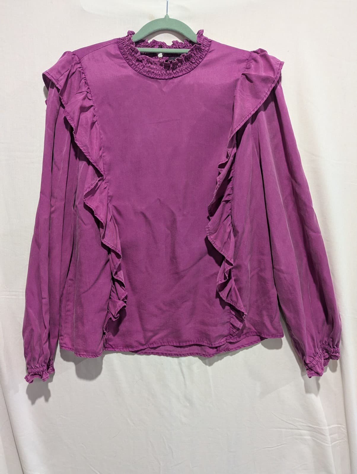 Decjuba Top Purple Lyocell Long Sleeve Ruffle Front Blouse Size Aus 12 — photo 3 of 11
