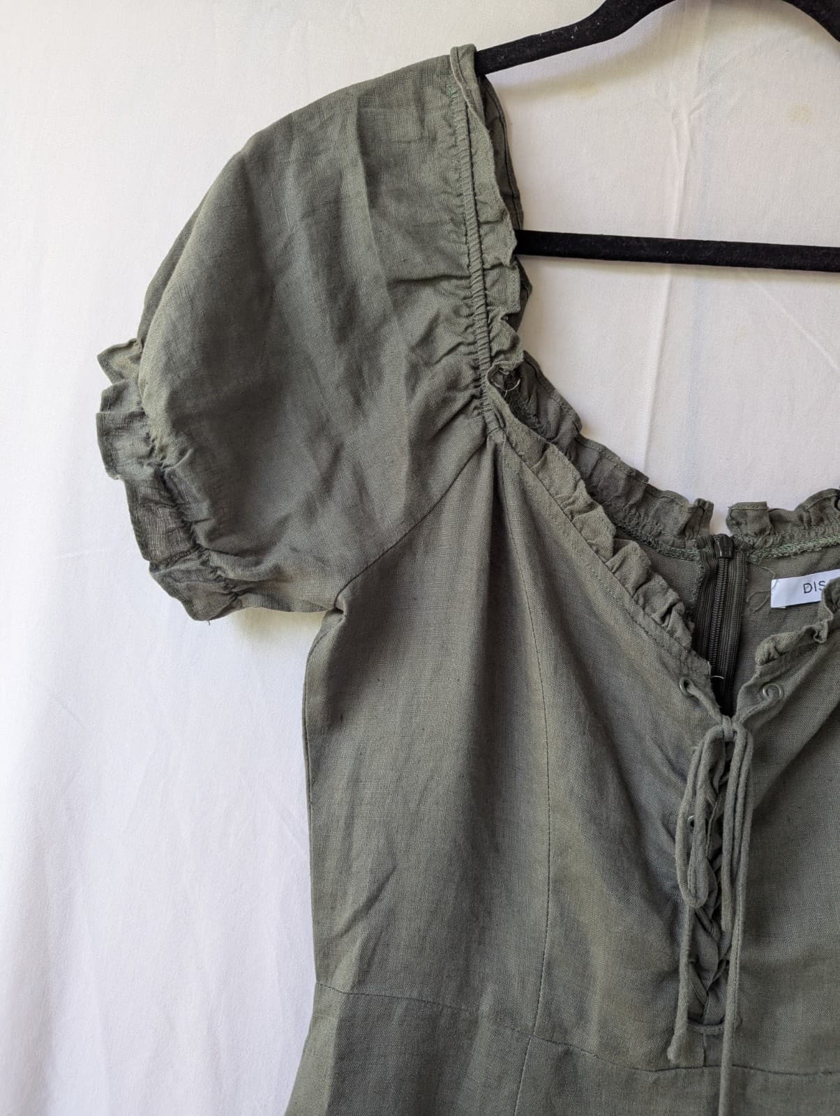 Dissh Dress Size AUS 8 US 4 Khaki Green Linen Puff Sleeve Mini Cottagecore Boho — photo 5 of 10