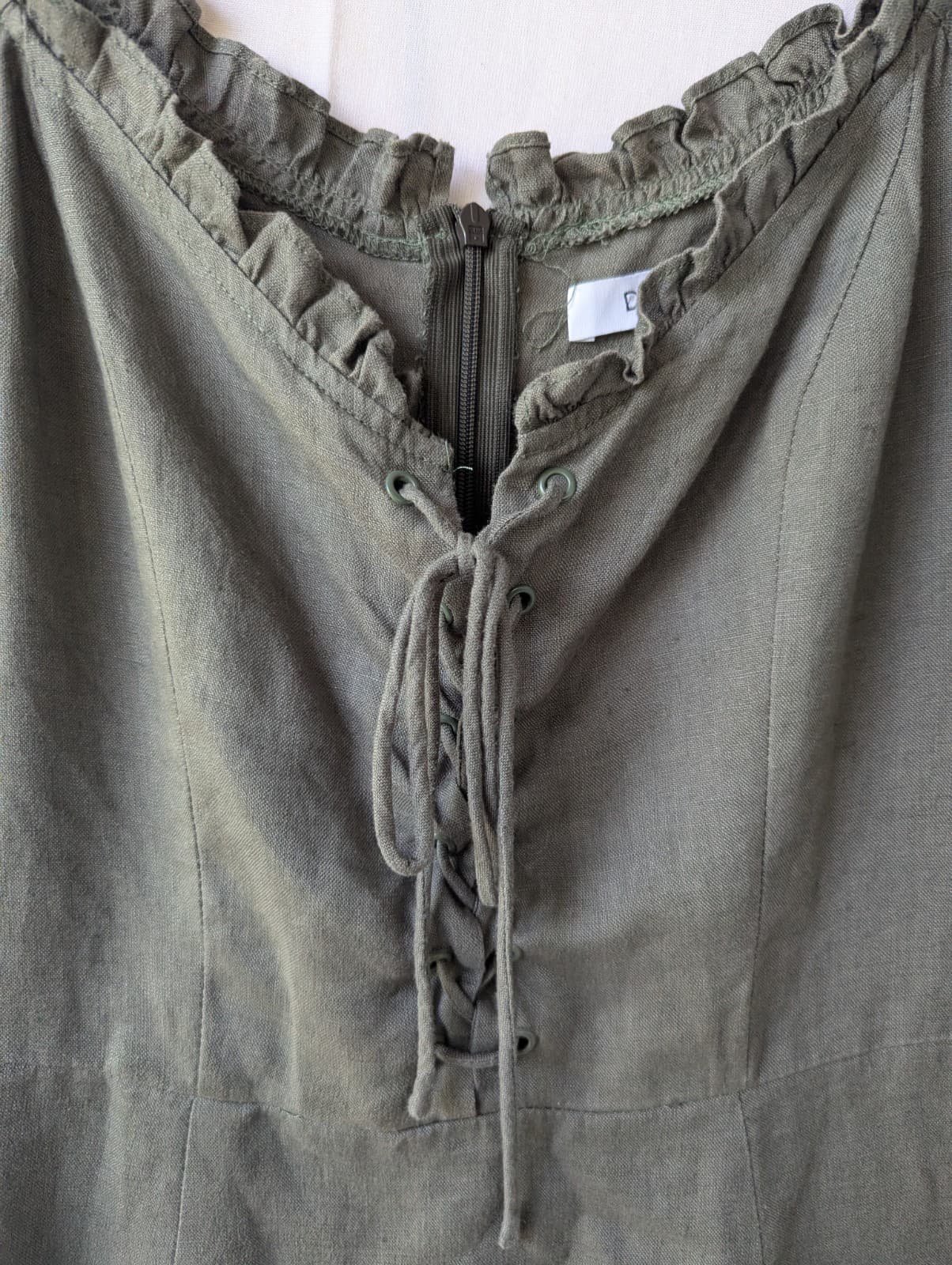 Dissh Dress Size AUS 8 US 4 Khaki Green Linen Puff Sleeve Mini Cottagecore Boho — photo 6 of 10