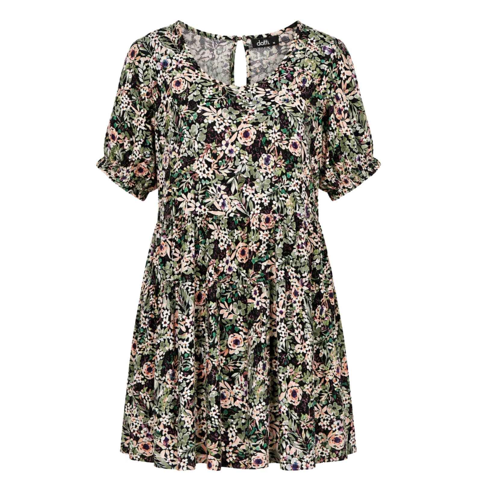 Dotti Floral Mini Dress Size 14 Black Pink Boho Smock Pocket Short Sleeve — photo 1 of 12
