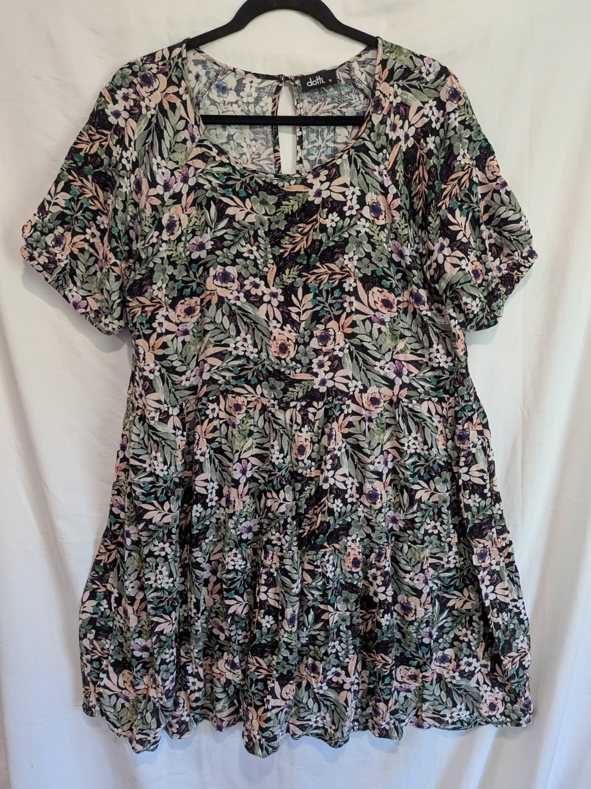 Dotti Floral Mini Dress Size 14 Black Pink Boho Smock Pocket Short Sleeve — photo 2 of 12
