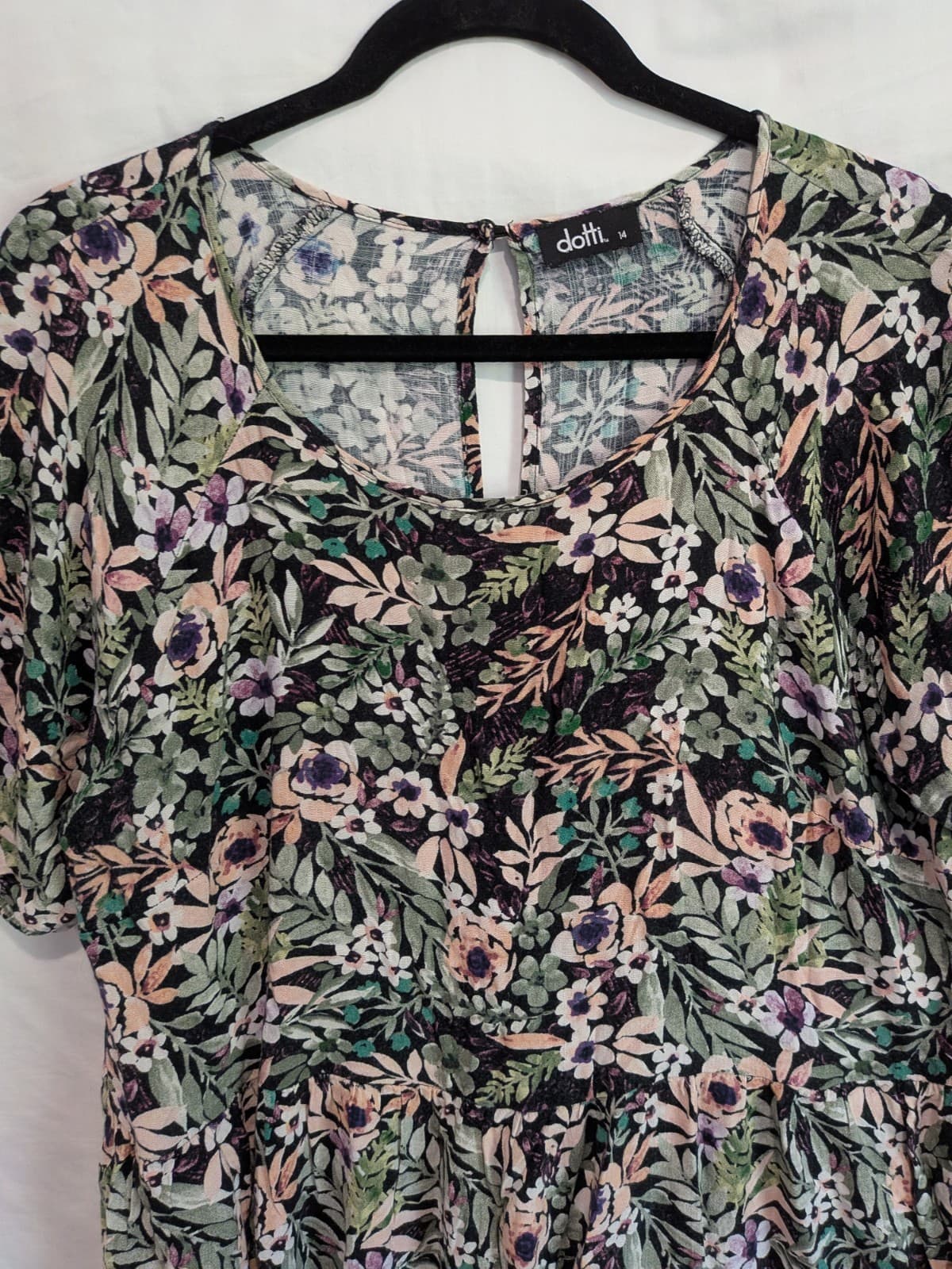 Dotti Floral Mini Dress Size 14 Black Pink Boho Smock Pocket Short Sleeve — photo 7 of 12