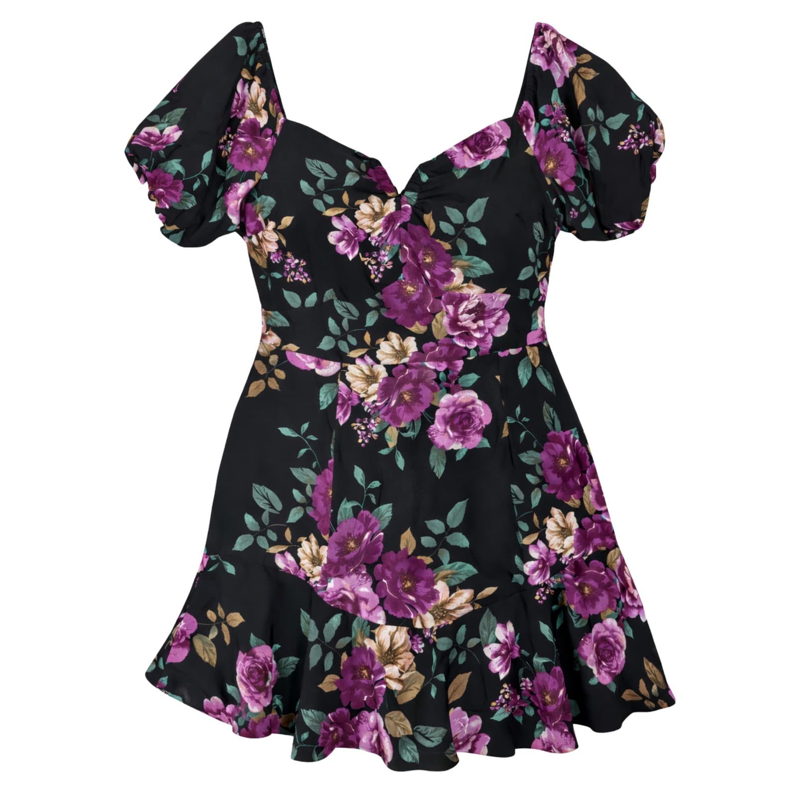 City Chic Dress Plus Size AU 16 US 12 Floral Puff Sleeve Mini Black Viscose NWT — photo 1 of 10