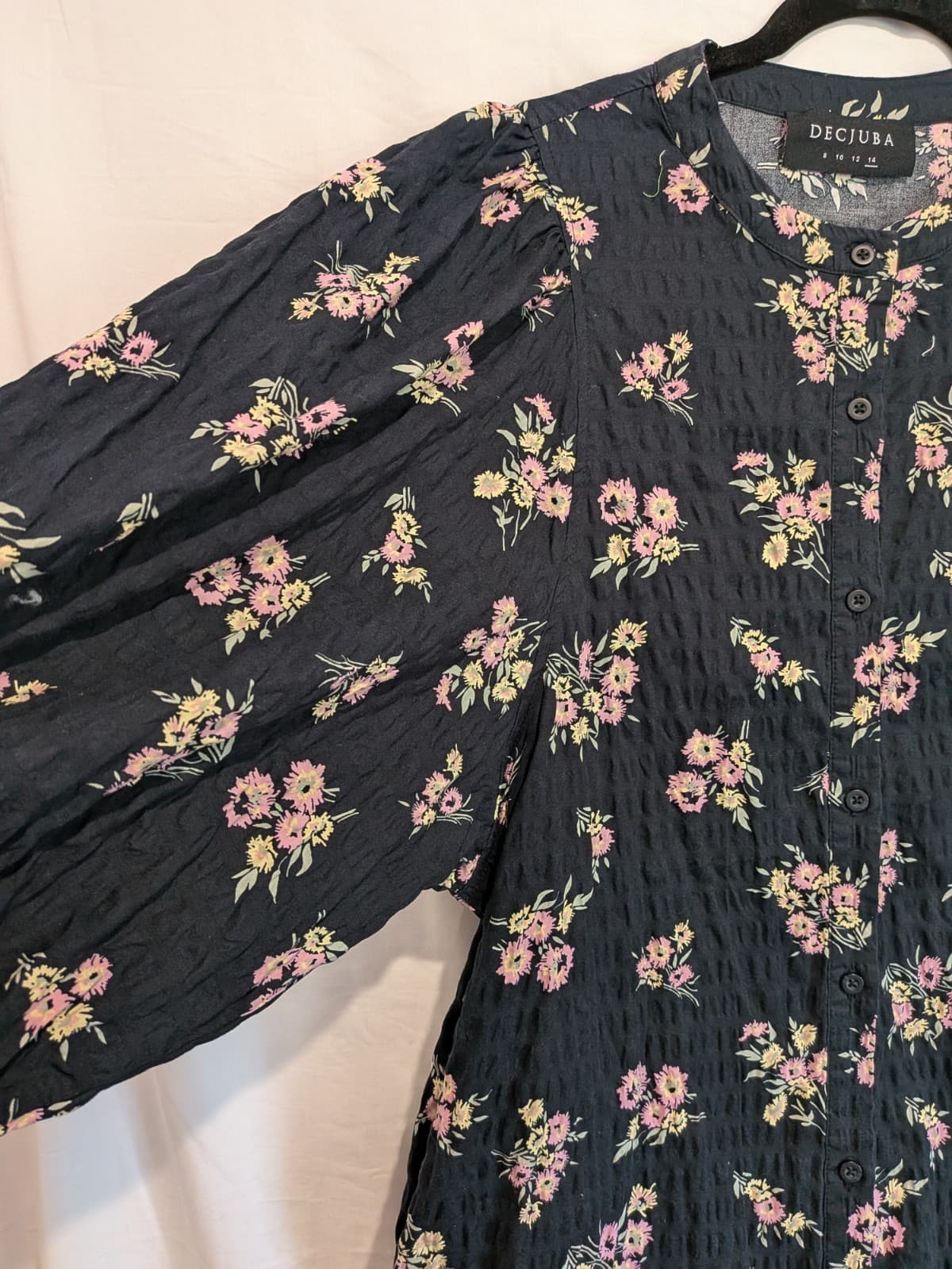 Decjuba Floral Midi Dress AU14 Black Pink Button Front Cottagecore Boho Puff — photo 6 of 11