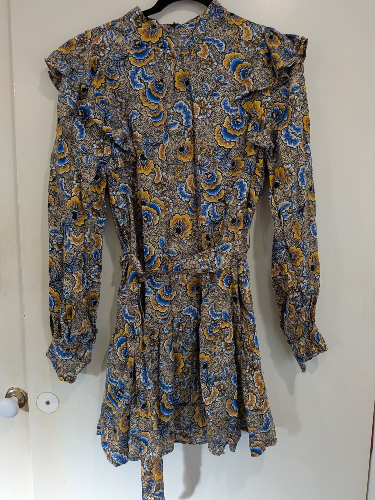 Seed Heritage Floral Mini Dress AU 12 Linen Lyocell Ruffle Long Sleeve Belted — photo 2 of 11
