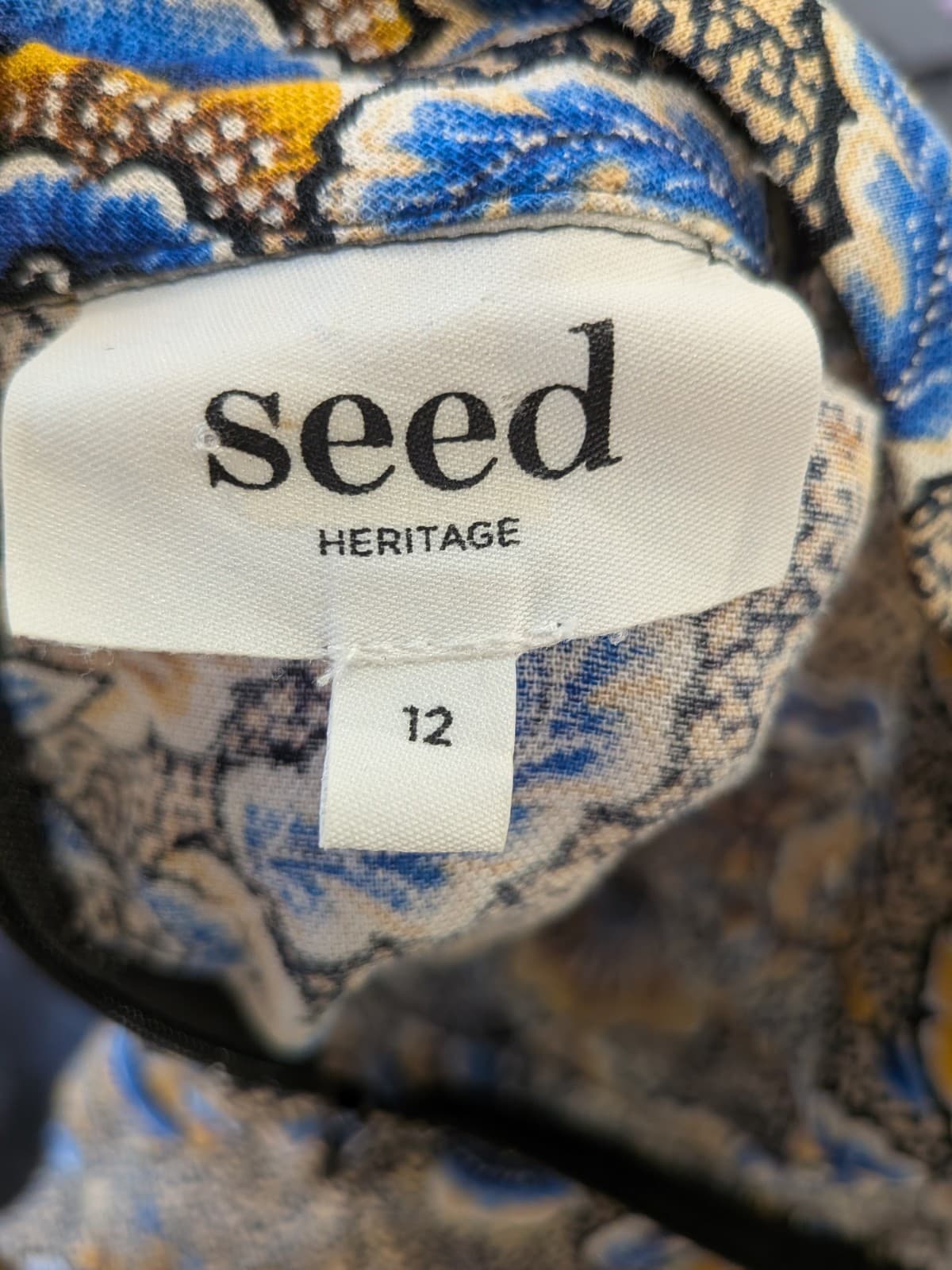 Seed Heritage Floral Mini Dress AU 12 Linen Lyocell Ruffle Long Sleeve Belted — photo 11 of 11