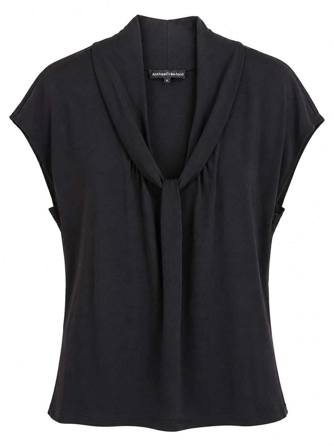 Anthea Crawford Top Womens M Black Tie Neck Blouse Cap Sleeve Stretch Career — photo 2 of 8