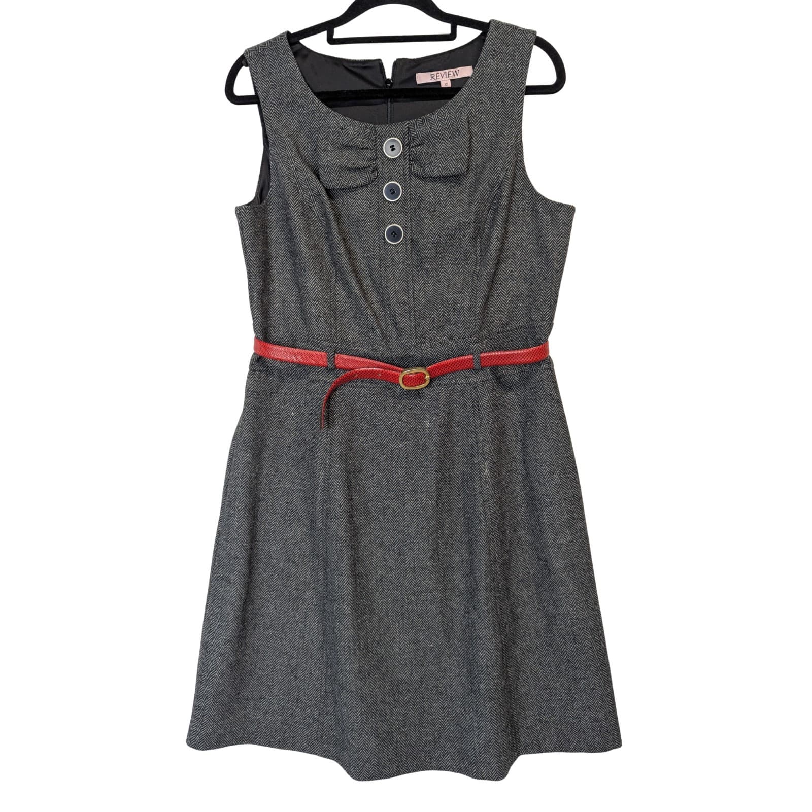 Review Dress Grey Herringbone A Line Belted Wool Corporate Size AUS 12 US 8 — photo 2 of 9