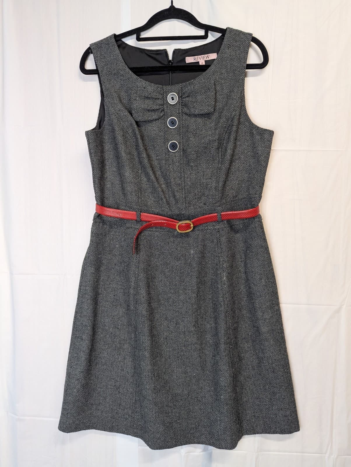 Review Dress Grey Herringbone A Line Belted Wool Corporate Size AUS 12 US 8 — photo 3 of 9