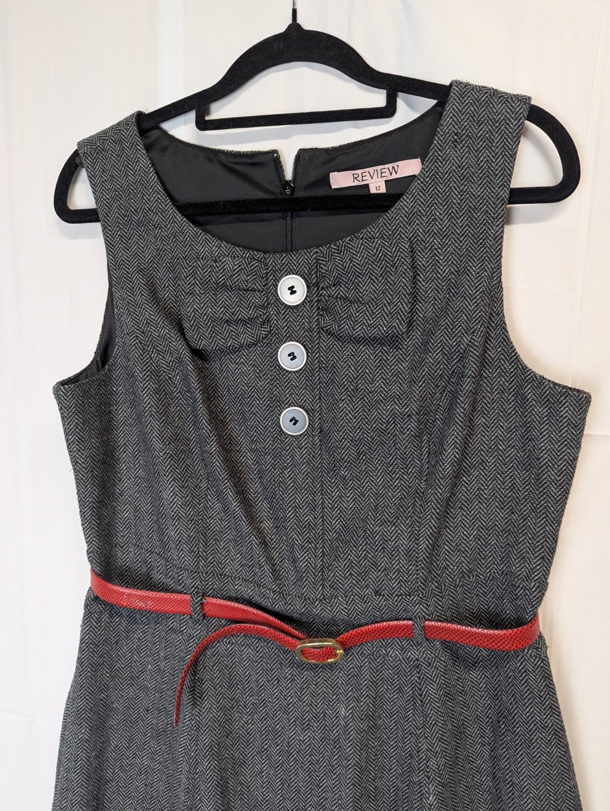 Review Dress Grey Herringbone A Line Belted Wool Corporate Size AUS 12 US 8 — photo 7 of 9