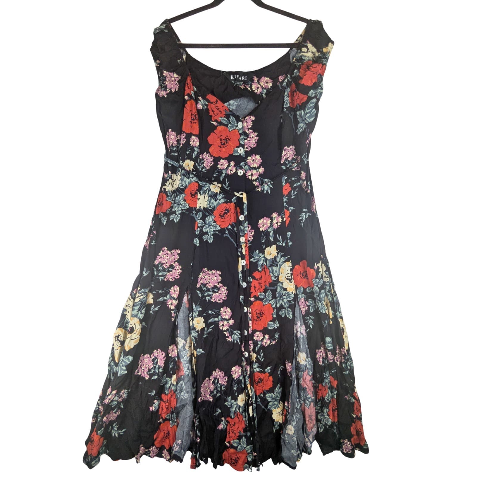 Kivari Dress Black Floral Boho Midi Button Fit Flare Summer Size XL AUS 14 US 10 — photo 2 of 9