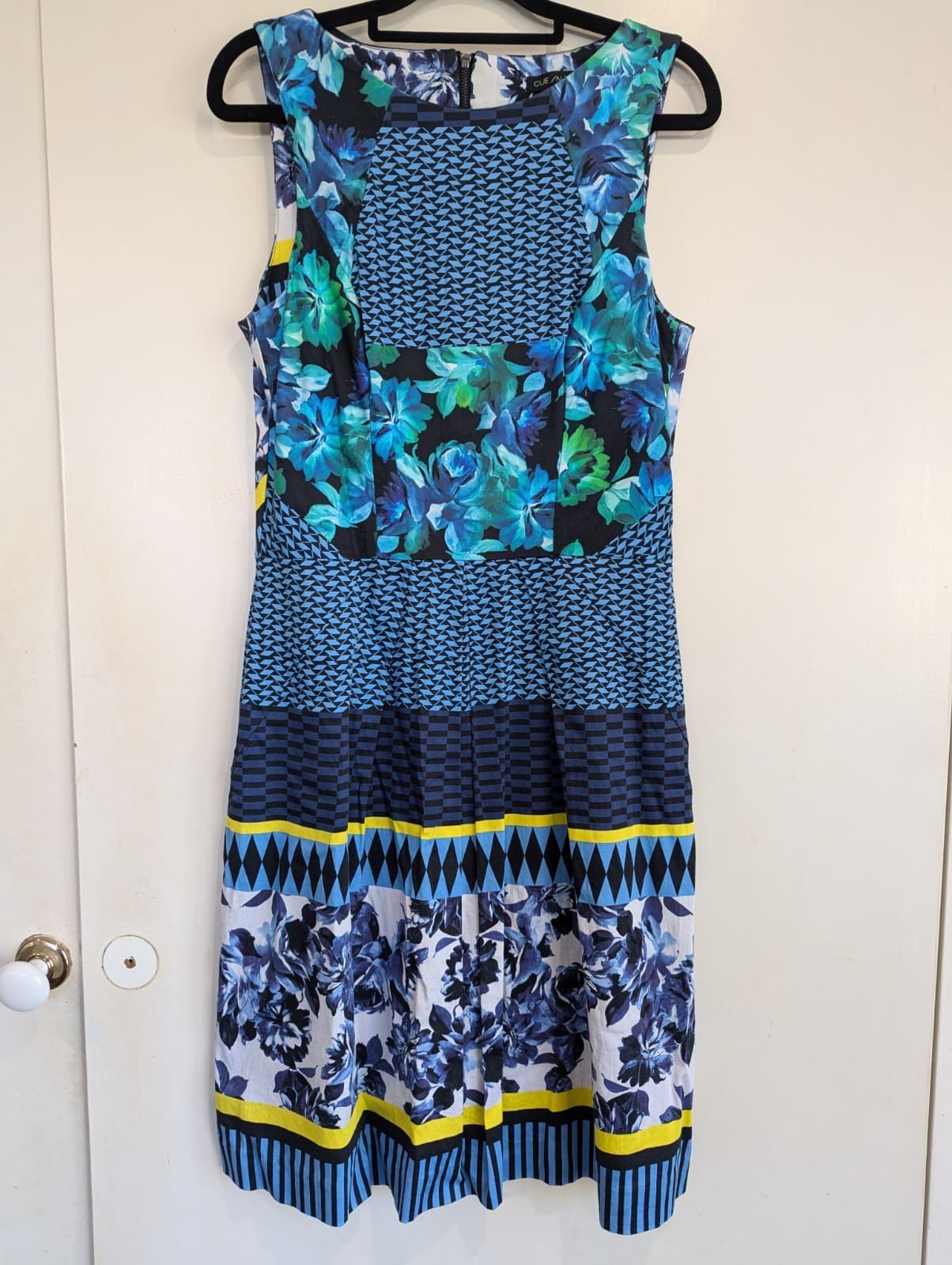 Cue Dress Blue Yellow Cotton Office Cocktail Summer Floral Size Aus 10 US 6 — photo 3 of 5