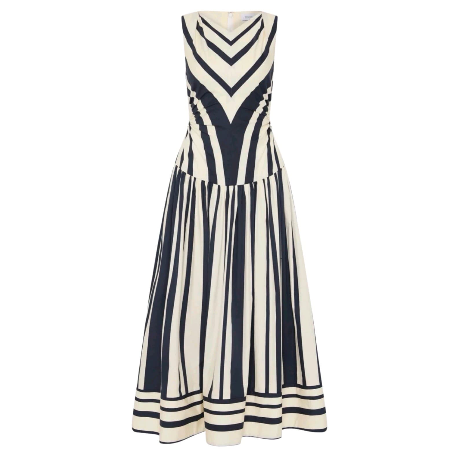 Sheike Dress Size Aus 8 US 4 Navy White Chevron Midi 100% Cotton NWT Cocktail — photo 1 of 11