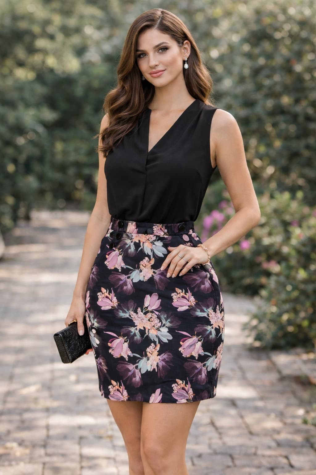 Portmans Skirt Pencil Floral Black Pink Cotton Stretch Work Office Size 16 — photo 2 of 10