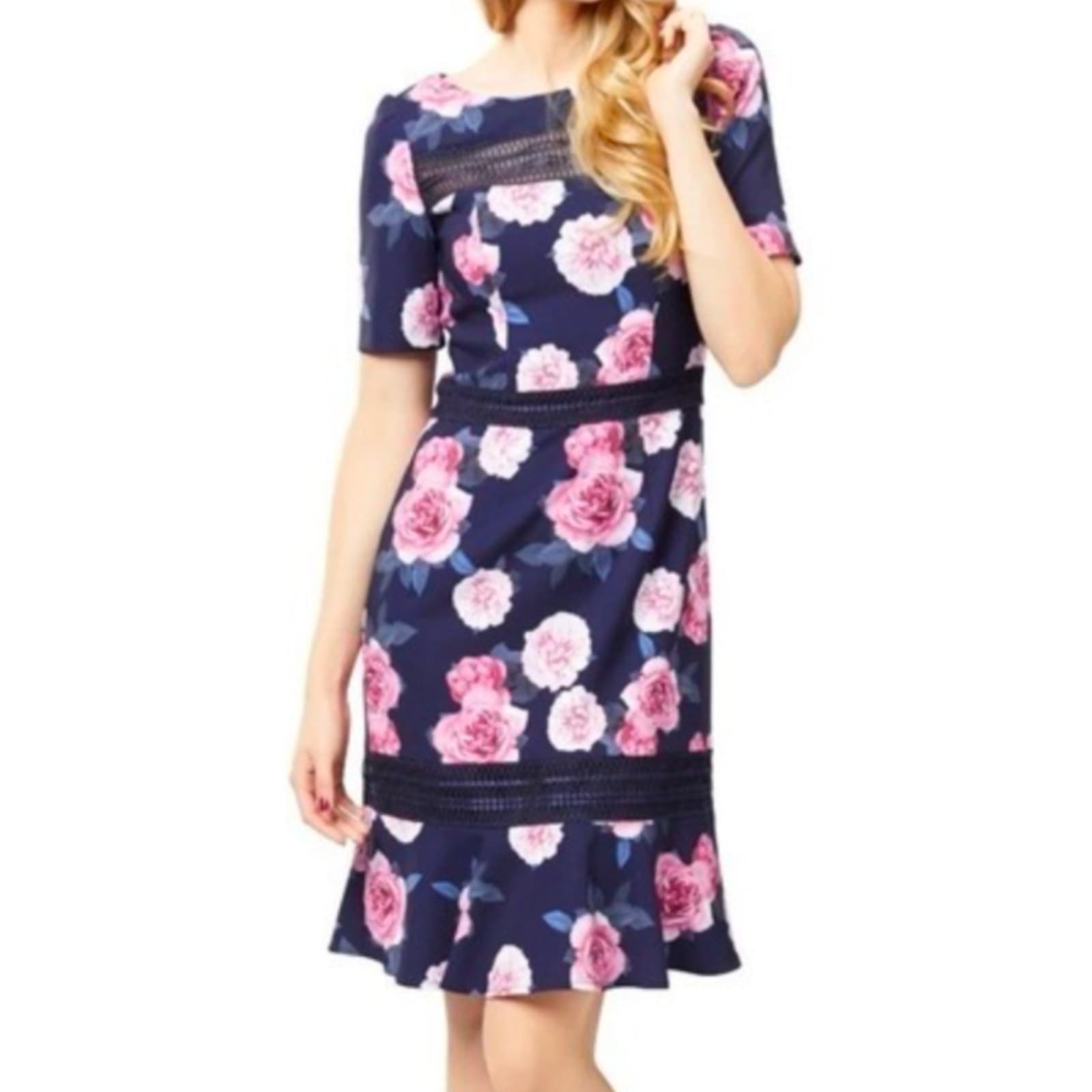 Review Dress Navy Pink Floral Plus Size Fit Flare Midi Plus Size Aus 16 US 12 — photo 1 of 10