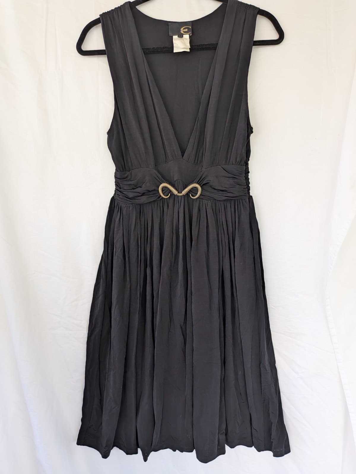 Just Cavalli Black Pleated Dress Size 44 Gold Detail V Neck Designer Italy — photo 8 of 17
