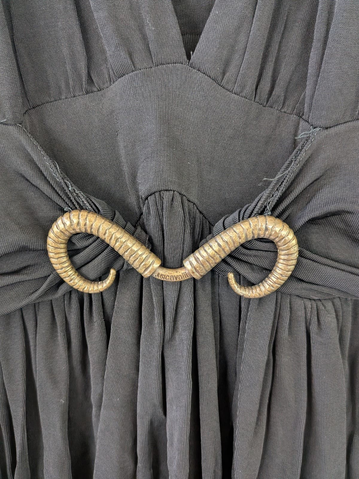 Just Cavalli Black Pleated Dress Size 44 Gold Detail V Neck Designer Italy — photo 10 of 17