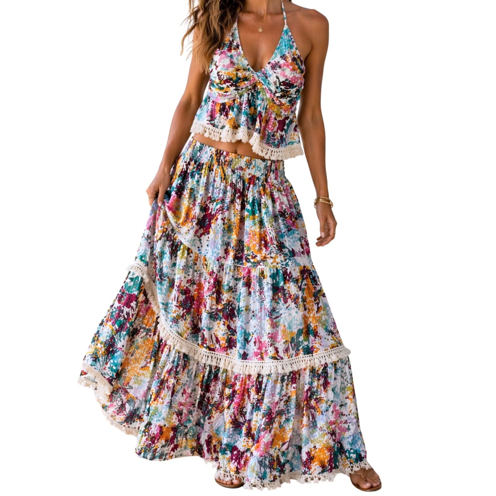 Free People Set S Boho Floral Skirt Top Lace Tiered Maxi Festival Outfit — photo 1 of 22