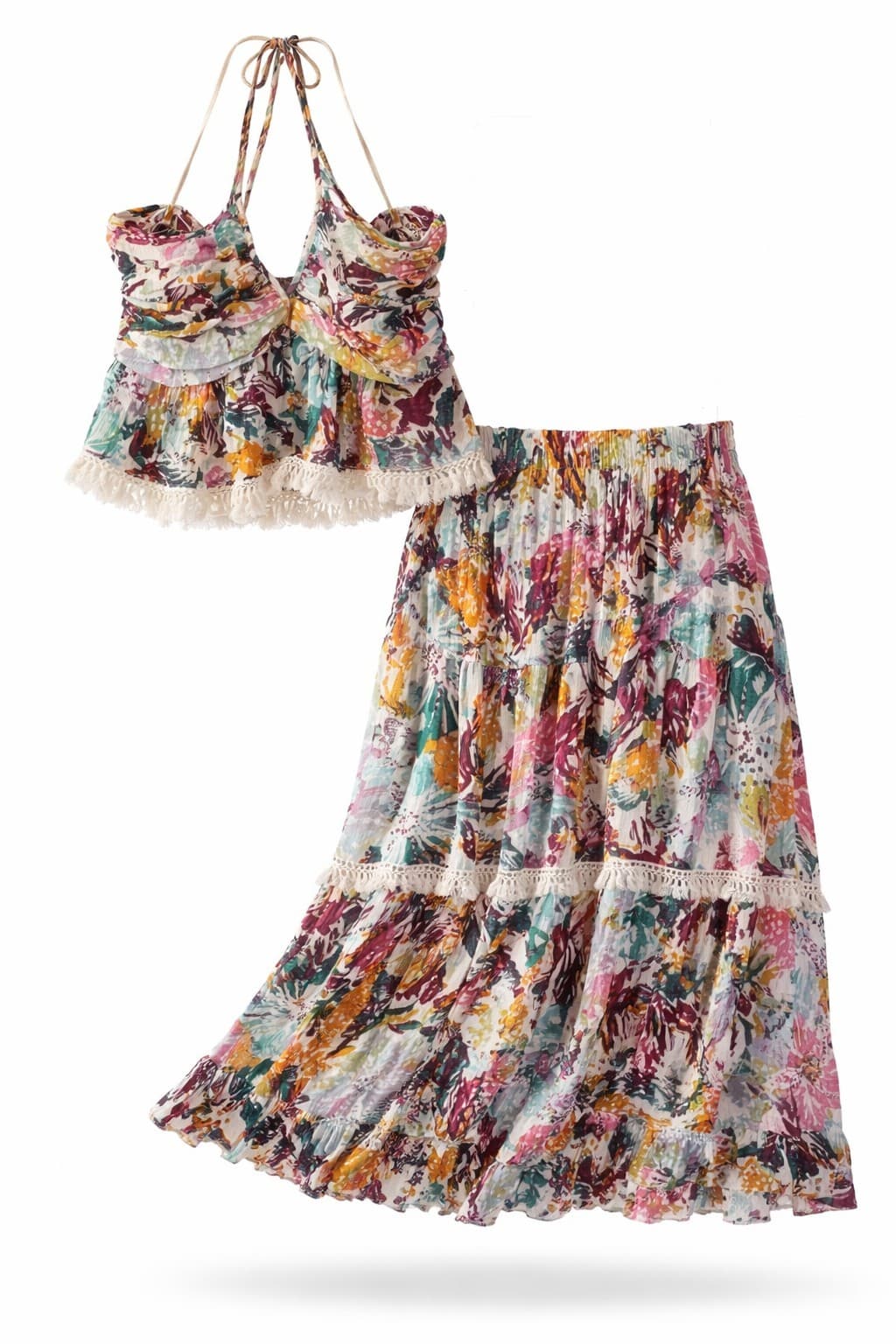 Free People Set S Boho Floral Skirt Top Lace Tiered Maxi Festival Outfit — photo 2 of 22