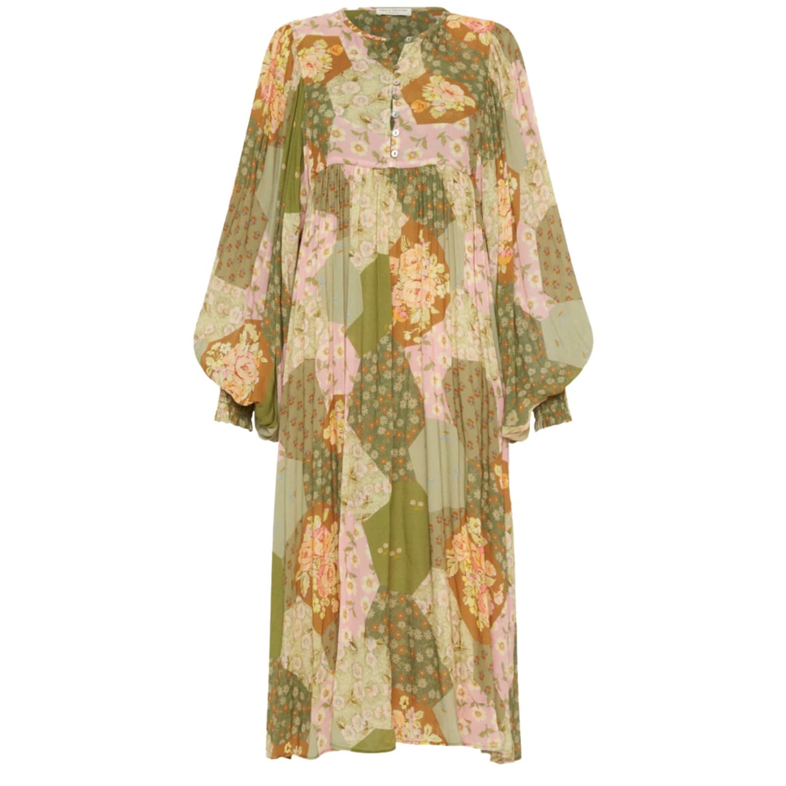 Spell Dress Freda Boho Midi Green Olive Patchwork Floral Size S AUS 10 — photo 1 of 15