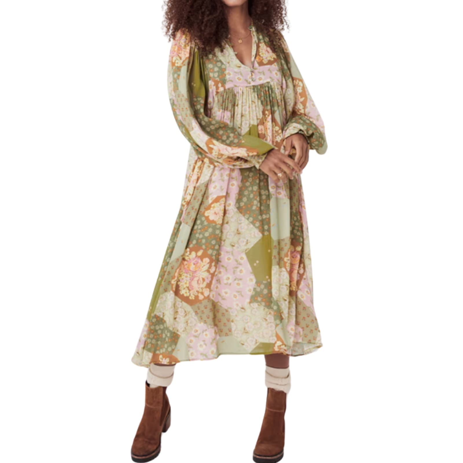 Spell Dress Freda Boho Midi Green Olive Patchwork Floral Size S AUS 10 — photo 2 of 15