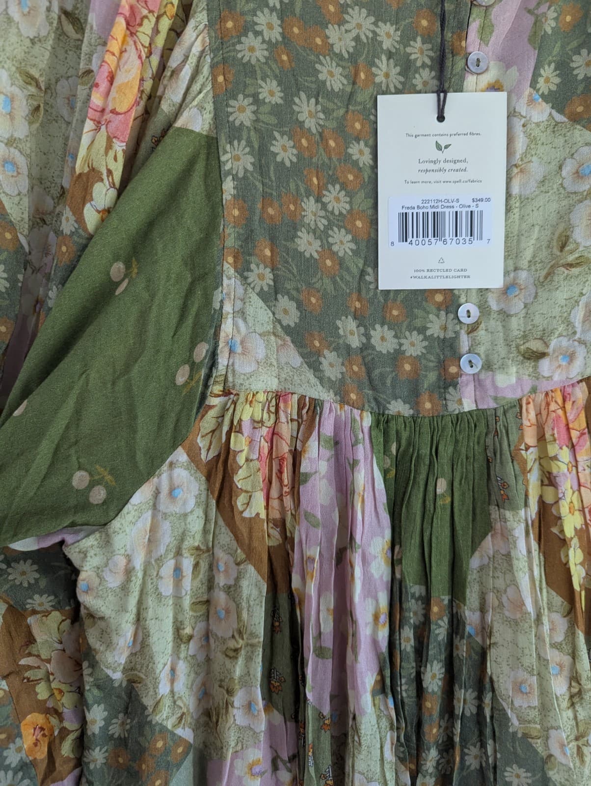 Spell Dress Freda Boho Midi Green Olive Patchwork Floral Size S AUS 10 — photo 7 of 15