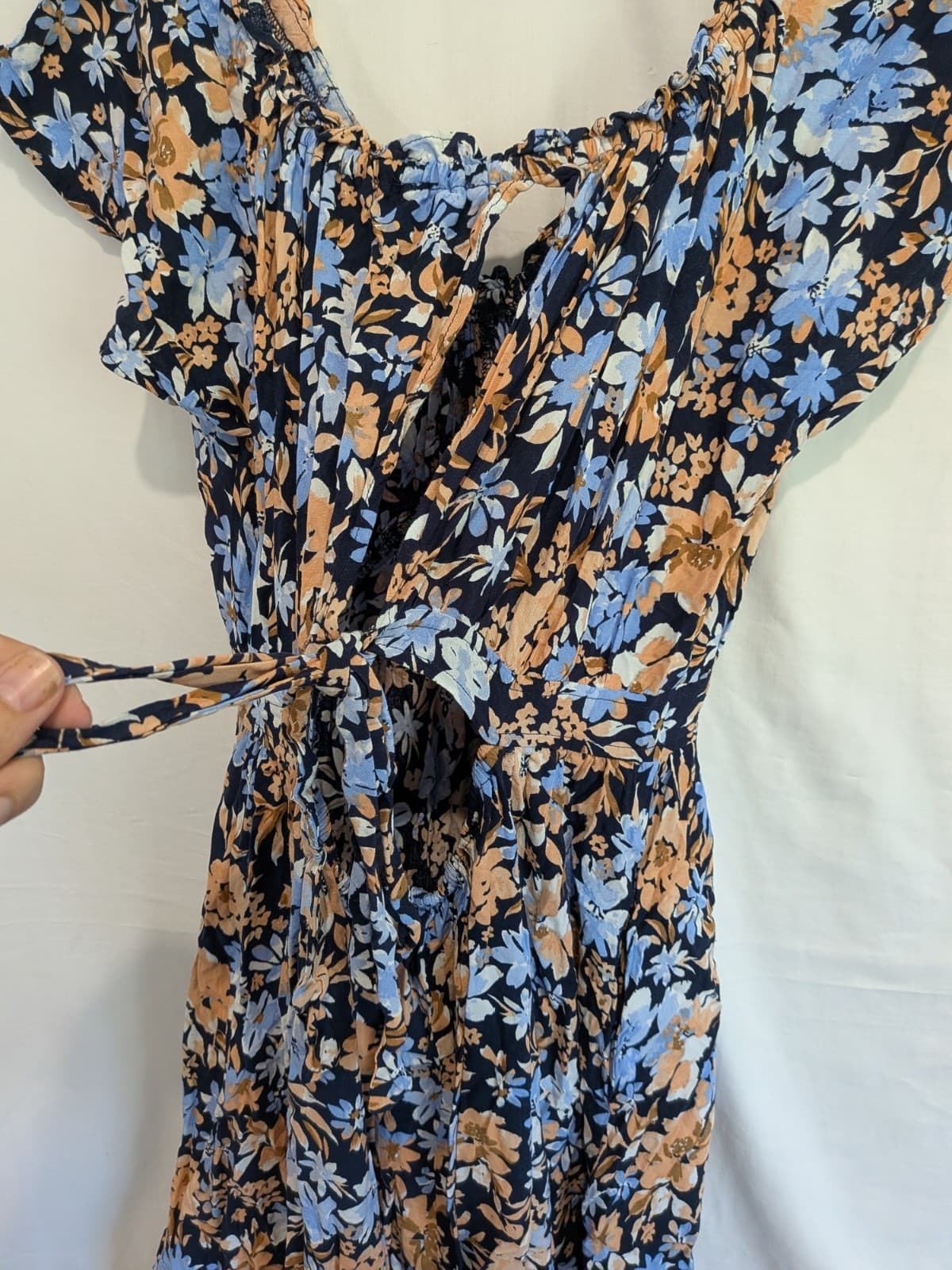 Iris Maxi Floral Mini Dress Size 16 Blue Peach Boho Cut Out Tie Back Rayon — photo 11 of 12