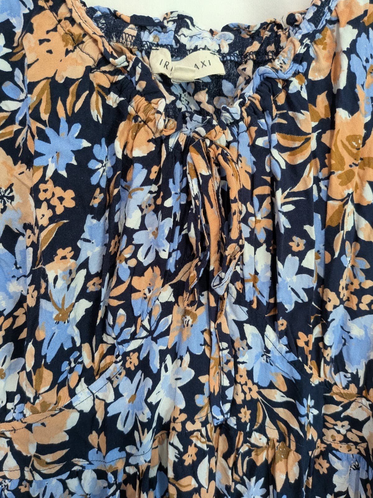 Iris Maxi Floral Mini Dress Size 16 Blue Peach Boho Cut Out Tie Back Rayon — photo 5 of 12