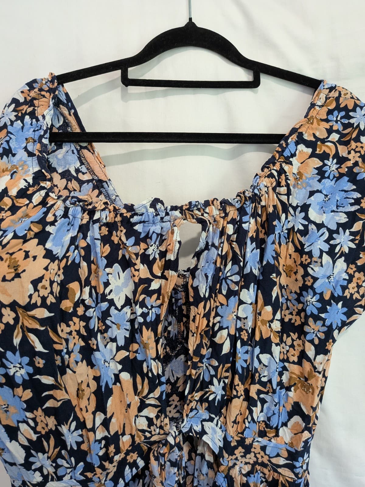 Iris Maxi Floral Mini Dress Size 16 Blue Peach Boho Cut Out Tie Back Rayon — photo 10 of 12