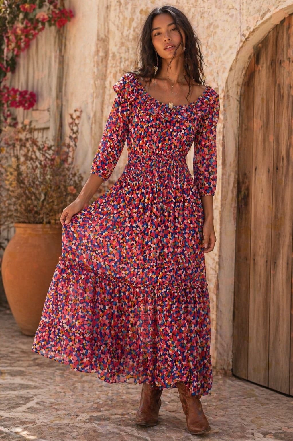 Mister Zimi Maxi Dress AU 12 Off Shoulder Shirred Tiered Boho Red Blue — photo 2 of 14