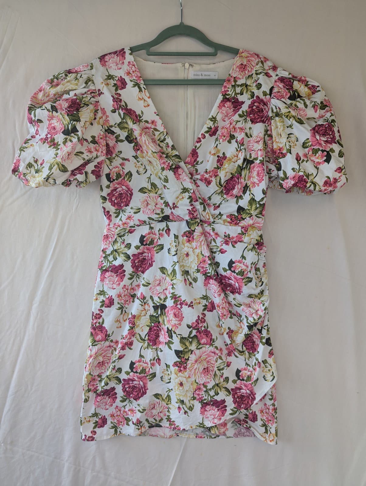 Minx & Moss Dress White Pink Floral Puff Sleeve Mini Cotton Party Size 14 — photo 3 of 13