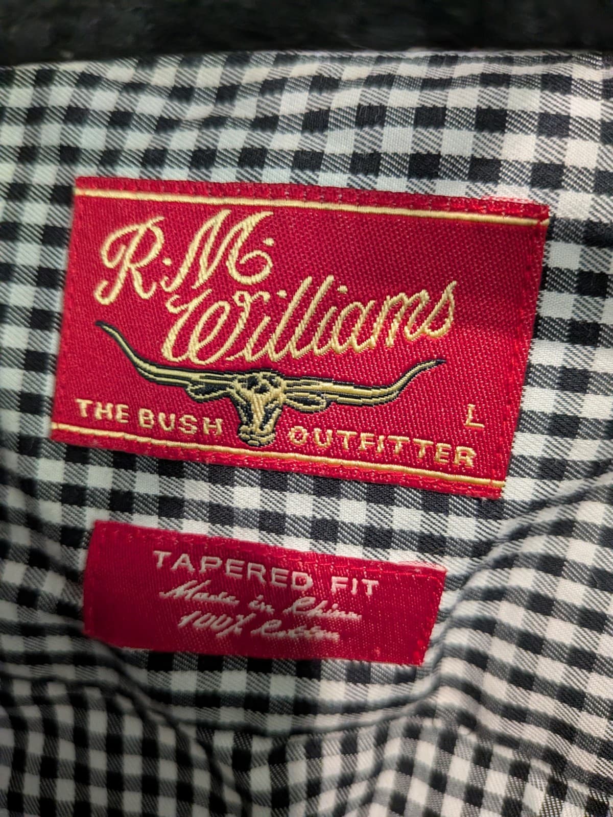 RM Williams Gingham Check Shirt Mens Large Black White Cotton Tapered Fit — photo 10 of 11